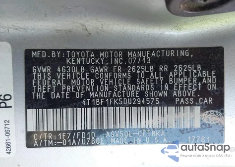 2013 Toyota Camry Le z USA, uszkodzony, nr VIN 4T1BF1FK5DU294575